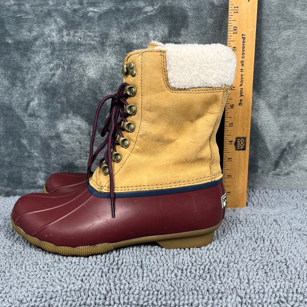 Sperry Saltwater Duck Boots Burgundy Tan Leather Shearling STS85401 Womens 8